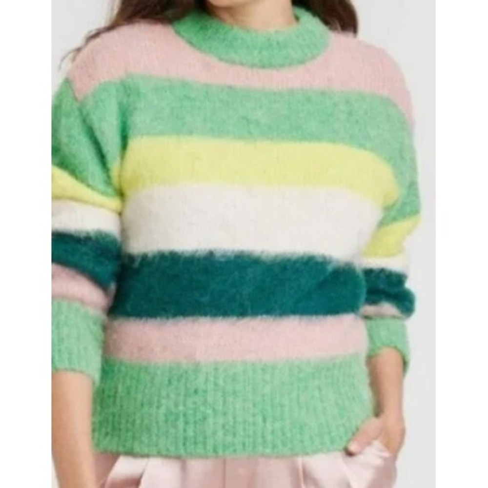 Women's Crewneck Brushed Pullover Sweater - A New Day Green/White/Yellow/Pink XS